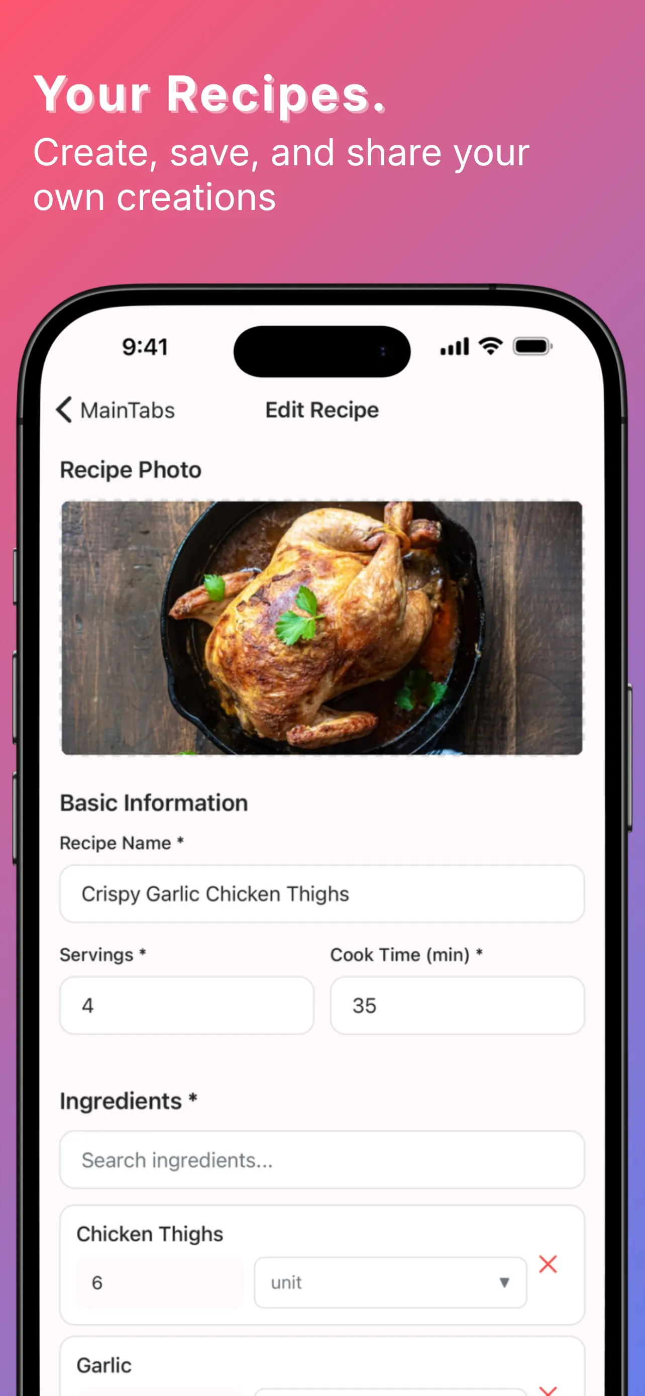 Custom recipe editor